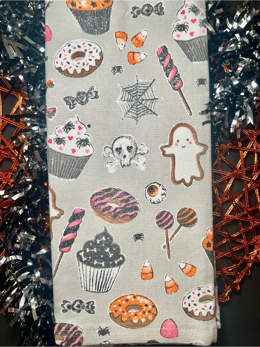 2 Halloween Sweets Kitchen Towels Candy Cookie Ghost Cupcake Donuts Glittered